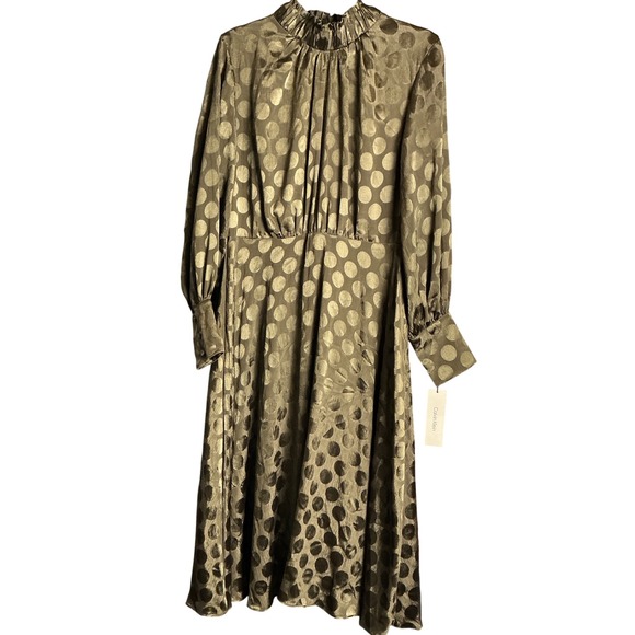 Calvin Klein Olive Green Gold Polka Dot Mock Neck Long Sleeve Midi Dress - Picture 1 of 6